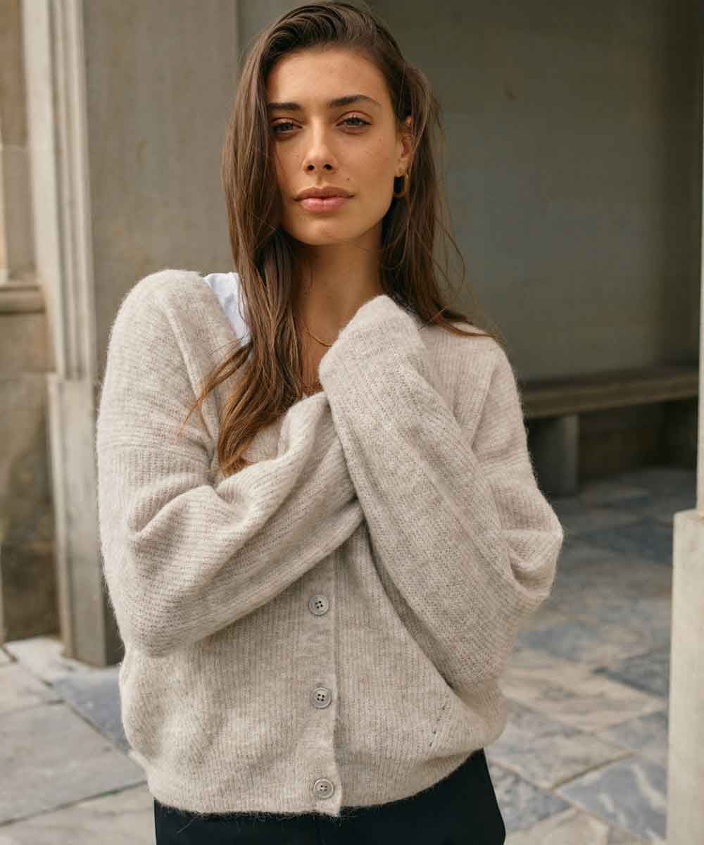 V-Neck Knit Cardigan - Beige